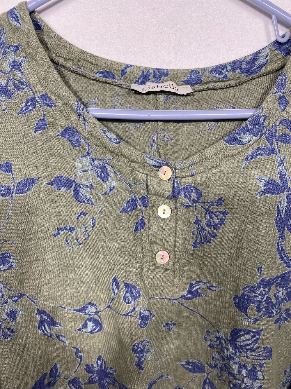 Liabella 100% Linen Made in Italy Sage Green & blue Floral Button-Neck Tunic Top - Picture 4 of 10